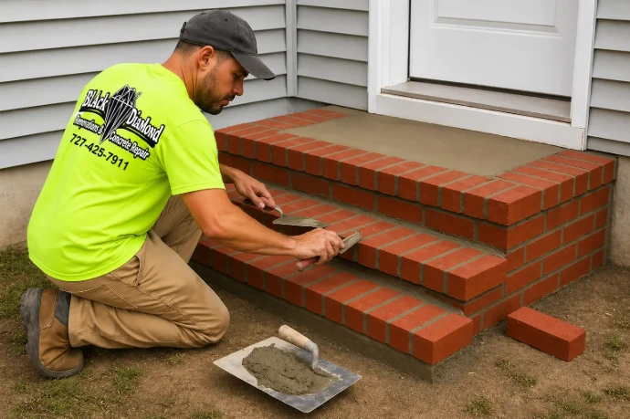 Masonry worker working on house steps