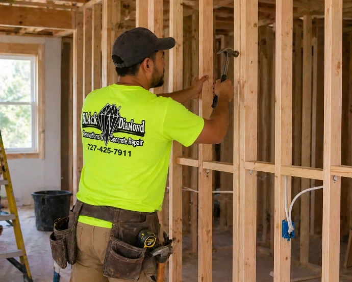 Worker framing wall in construction site