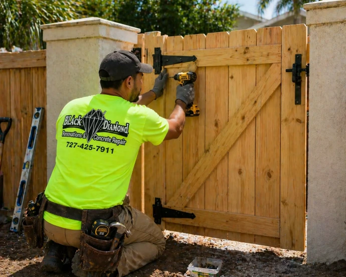 Installing a wooden gate in sunlight