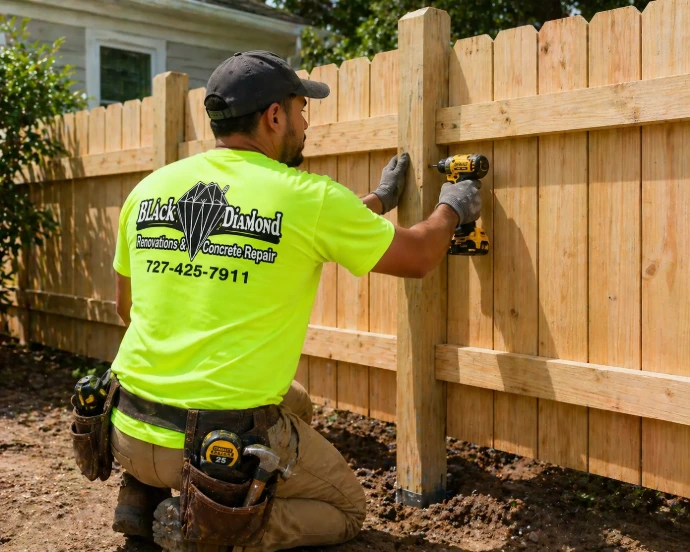 Worker installing a wooden fence