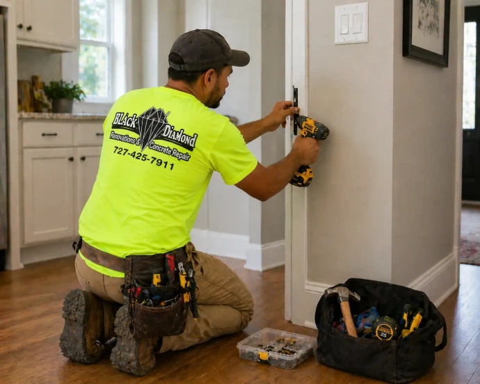 Handyman fixing a door hinge in modern home