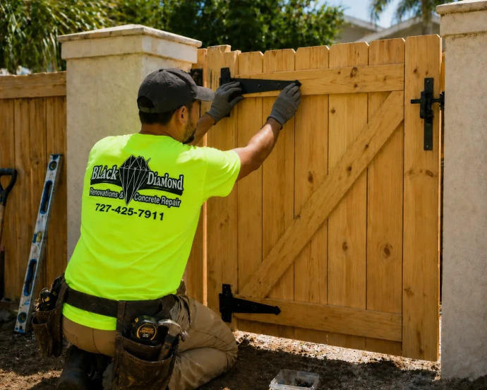 Worker installing a fence door