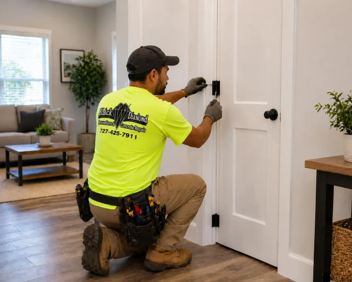 handyman working on door hinges