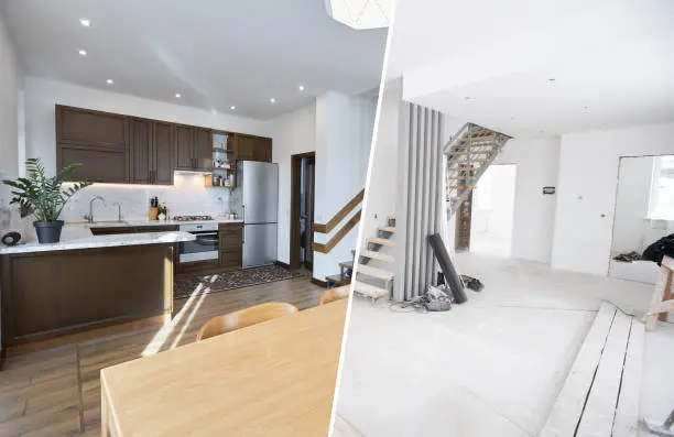 a split-view home renovation scene from an in-progress interior renovation to a completed, functional kitchen and living space
