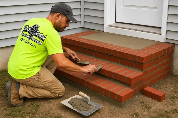 Masonry worker working on house steps